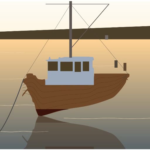 Illustrator drawing of a fishing boat made from clean vector shapes, drawn over a reference image