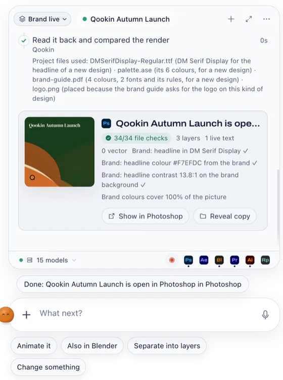 Qookin’s compact panel after a Photoshop build: 34 of 34 file checks, with Mise beside the message box and follow-ups to animate it or build it in Blender