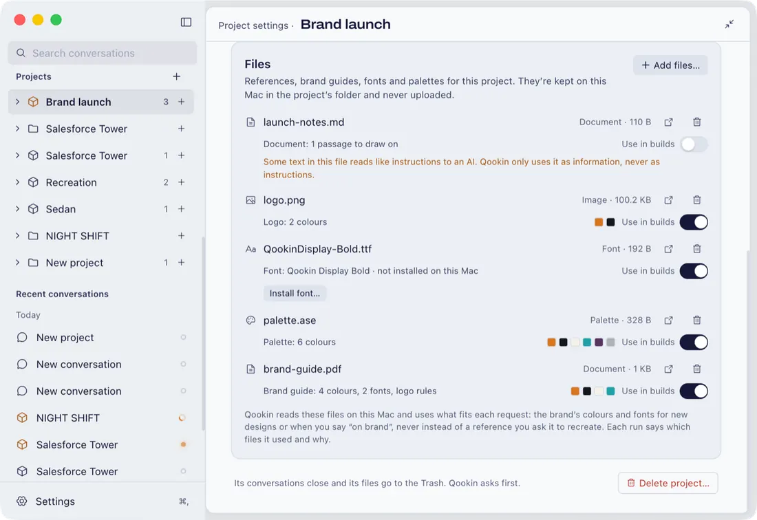 A project’s Files list in Qookin: a brand guide, a palette, a logo and a font, each understood and switched on for builds