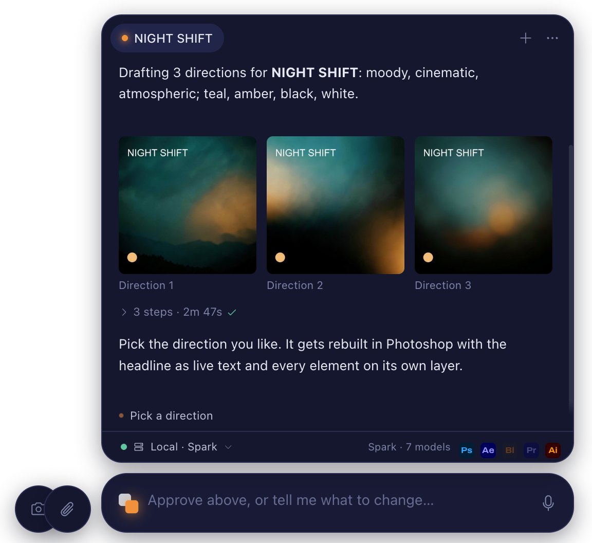 Qookin floating above the desktop: three generated directions for the title NIGHT SHIFT, ready to pick, with the input pill below