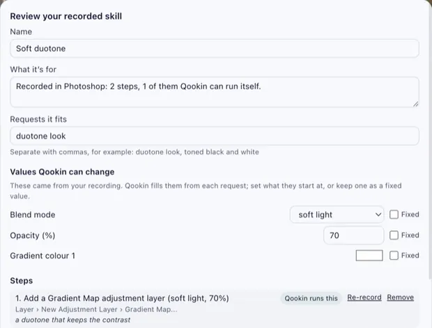 Reviewing a recorded Photoshop workflow, Soft duotone: its steps and the values Qookin can change