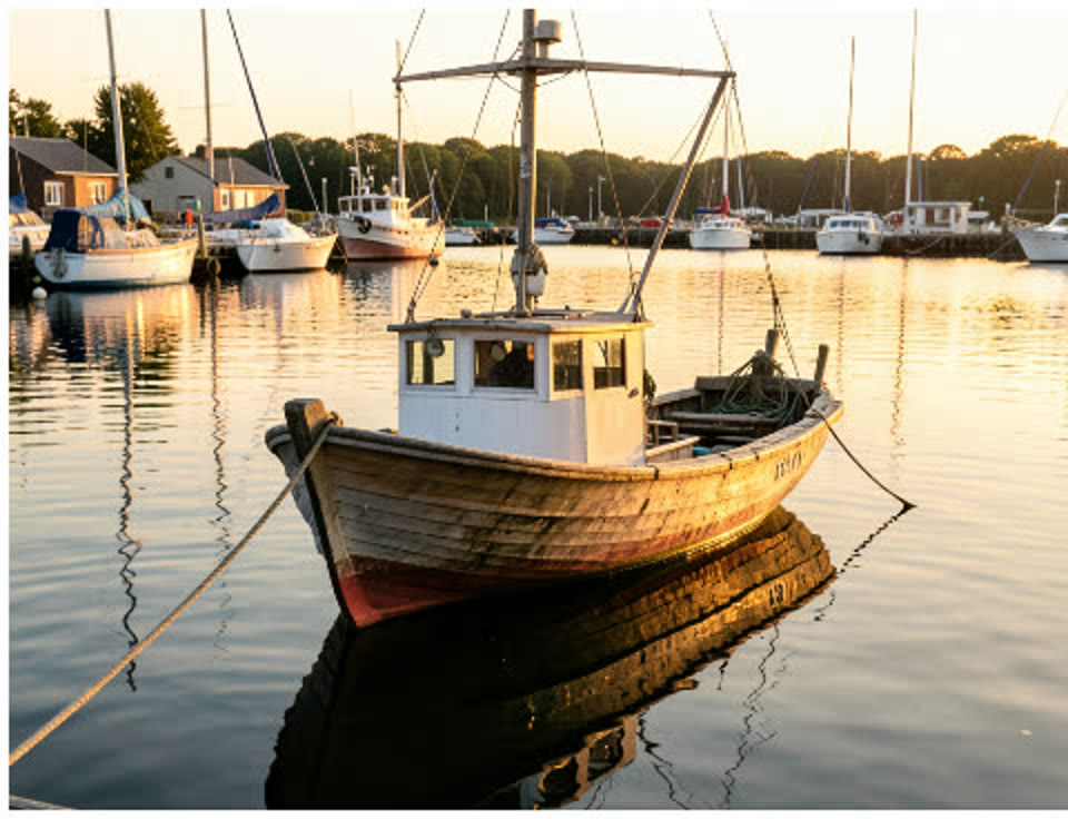 Reference image: a weathered wooden fishing boat moored in a harbour at sunset