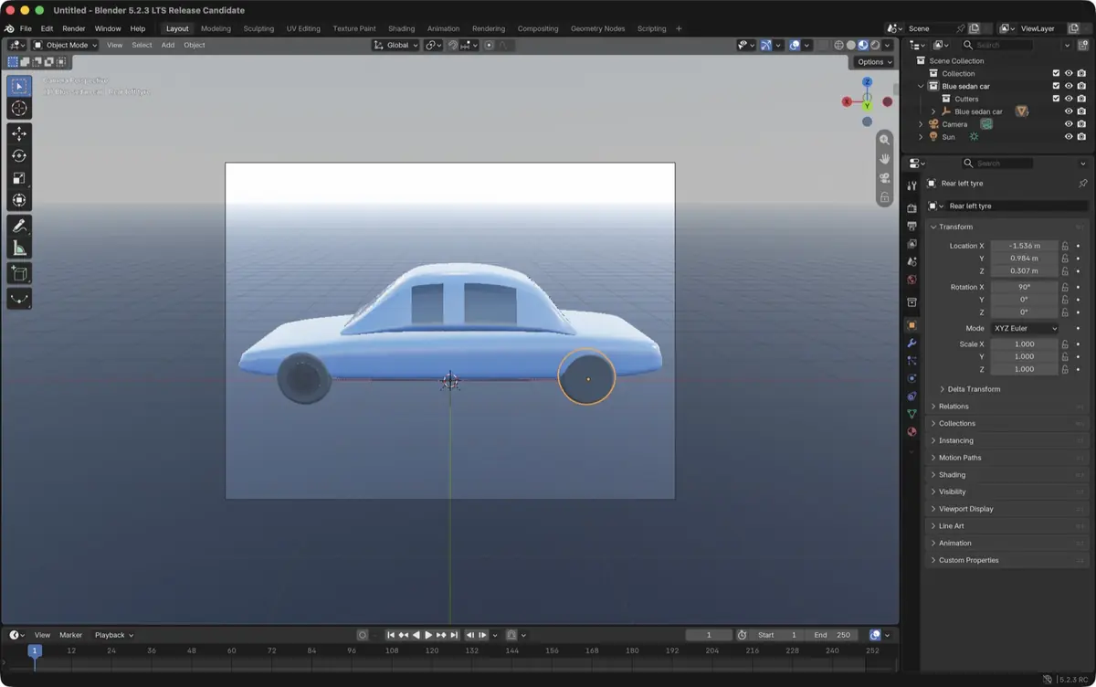 Blender, opened by Qookin: the first version of the sedan, a rough blue body on its wheels